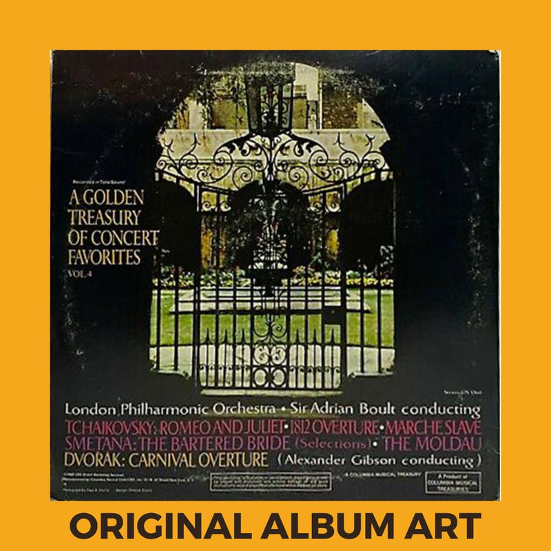 Photo of the cover of the The London Philharmonic Orchestra, Sir Adrian Boult / Tchaikovsky, Bedřich Smetana, Dvorak “A Golden Treasury Of Concert Favorites Vol. 4” album sleeve with the text “Original Album Art” on an orange border around the photo.