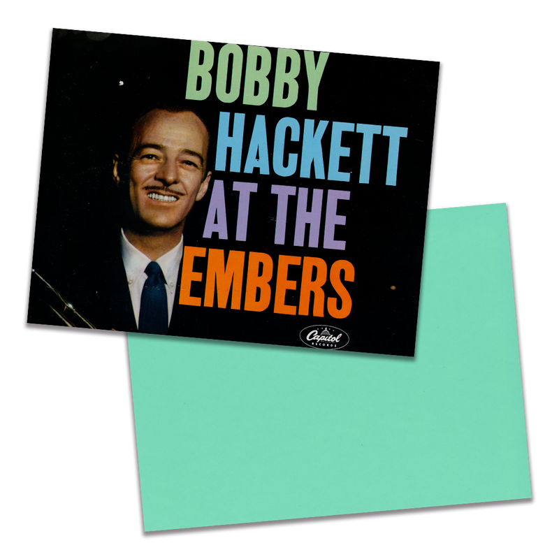 Photo of a 11” x 8.5” notebook cover made from an upcycled The Bobby Hackett Four “Bobby Hackett At The Embers” album sleeve and the back cover with aqua cardstock on a transparent background.