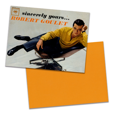 Photo of a 11” x 8.5” notebook cover made from an upcycled Robert Goulet “Sincerely Yours...” album sleeve and the back cover with orange cardstock on a transparent background.