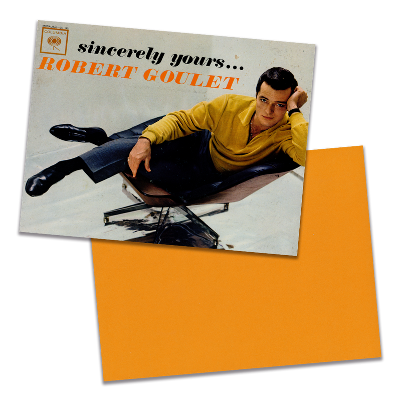 Photo of a 11” x 8.5” notebook cover made from an upcycled Robert Goulet “Sincerely Yours...” album sleeve and the back cover with orange cardstock on a transparent background.