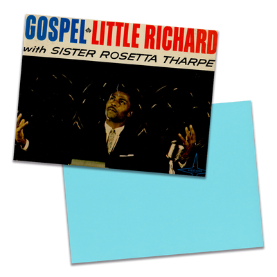 Photo of a 11” x 8.5” notebook cover made from an upcycled Little Richard With Sister Rosetta Tharpe “Swingin’, Shoutin’, Really Movin’ Gospel” album sleeve and the back cover with aqua cardstock on a transparent background.