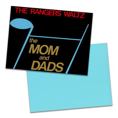 Photo of a 11” x 8.5” notebook cover made from an upcycled The Mom And Dads “The Rangers Waltz” album sleeve and the back cover with aqua cardstock on a transparent background.