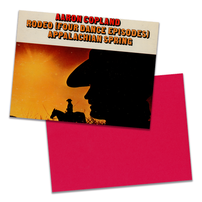 Photo of a 11” x 8.5” notebook cover made from an upcycled Aaron Copland “Great American Ballets, Vol. 2” album sleeve and the back cover with red cardstock on a transparent background.