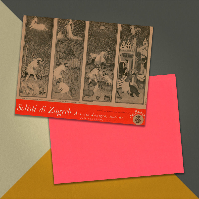 Photo of a 11” x 8.5” notebook cover made from an upcycled Vivaldi - I Solisti Di Zagreb, Antonio Janigro, Jan Tomasow “The Four Seasons” album sleeve and the back cover with bright orange cardstock on an orange, cream and grey background.