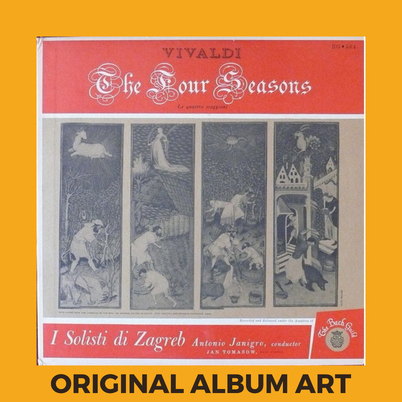 Photo of the cover of the Vivaldi - I Solisti Di Zagreb, Antonio Janigro, Jan Tomasow “The Four Seasons” album sleeve with the text “Original Album Art” on an orange border around the photo.