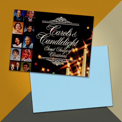 Photo of a 11” x 8.5” notebook cover made from an upcycled Various “Carols & Candlelight : Great Songs Of Christmas” album sleeve and the back cover with light blue cardstock on an orange, cream and grey background.