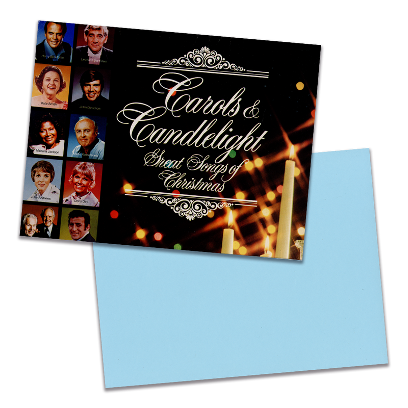 Photo of a 11” x 8.5” notebook cover made from an upcycled Various “Carols & Candlelight : Great Songs Of Christmas” album sleeve and the back cover with light blue cardstock on a transparent background.