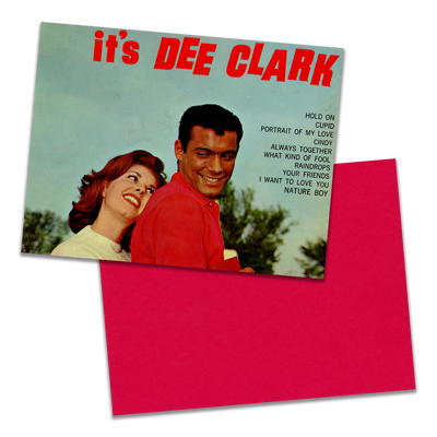 Photo of a 11” x 8.5” notebook cover made from an upcycled Dee Clark “Hold On....It’s Dee Clark” album sleeve and the back cover with red cardstock on a transparent background.