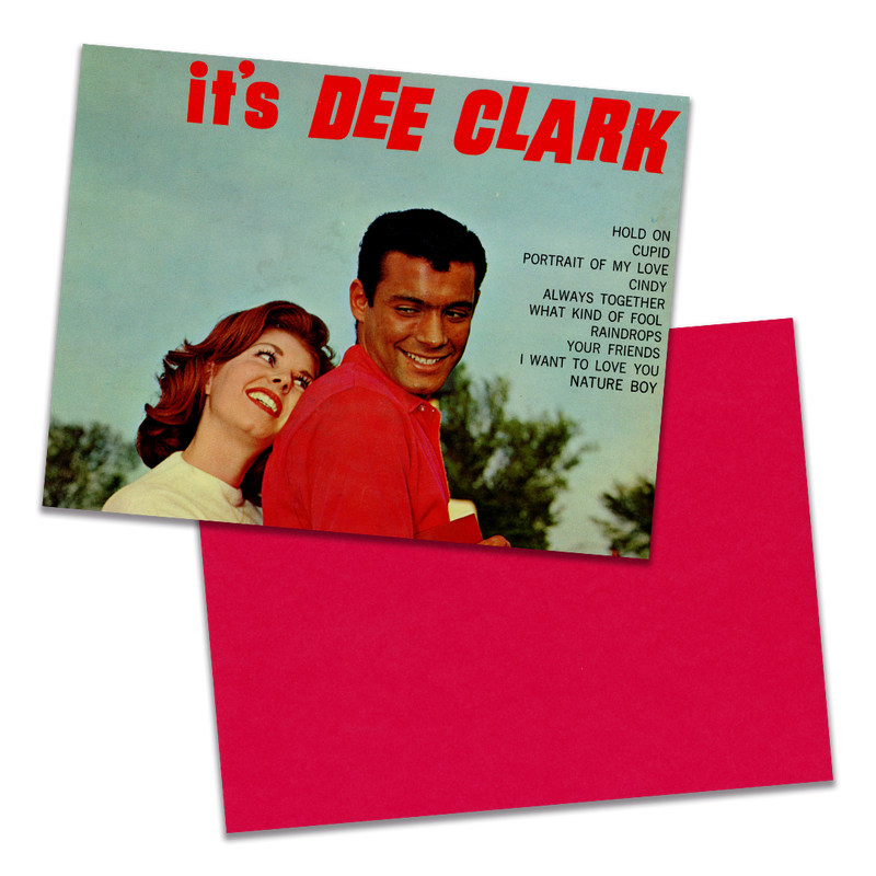 Photo of a 11” x 8.5” notebook cover made from an upcycled Dee Clark “Hold On....It’s Dee Clark” album sleeve and the back cover with red cardstock on a transparent background.