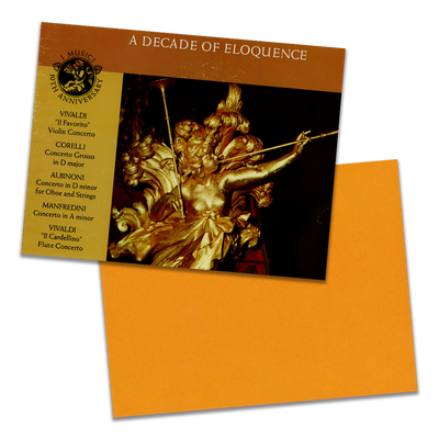 Photo of a 11” x 8.5” notebook cover made from an upcycled I Musici “A Decade Of Eloquence” album sleeve and the back cover with orange cardstock on a transparent background.