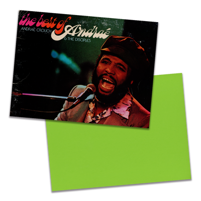 Photo of a 11” x 8.5” notebook cover made from an upcycled Andraé Crouch & The Disciples “The Best Of Andraé” album sleeve and the back cover with bright green cardstock on a transparent background.