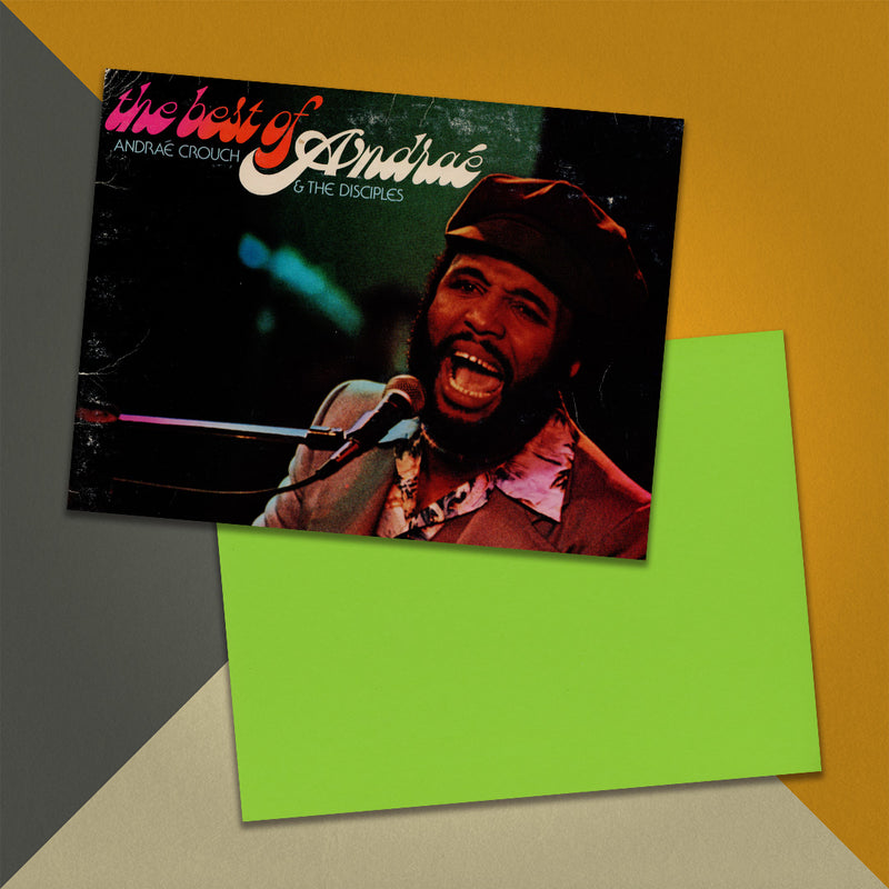 Photo of a 11” x 8.5” notebook cover made from an upcycled Andraé Crouch & The Disciples “The Best Of Andraé” album sleeve and the back cover with bright green cardstock on an orange, cream and grey background.