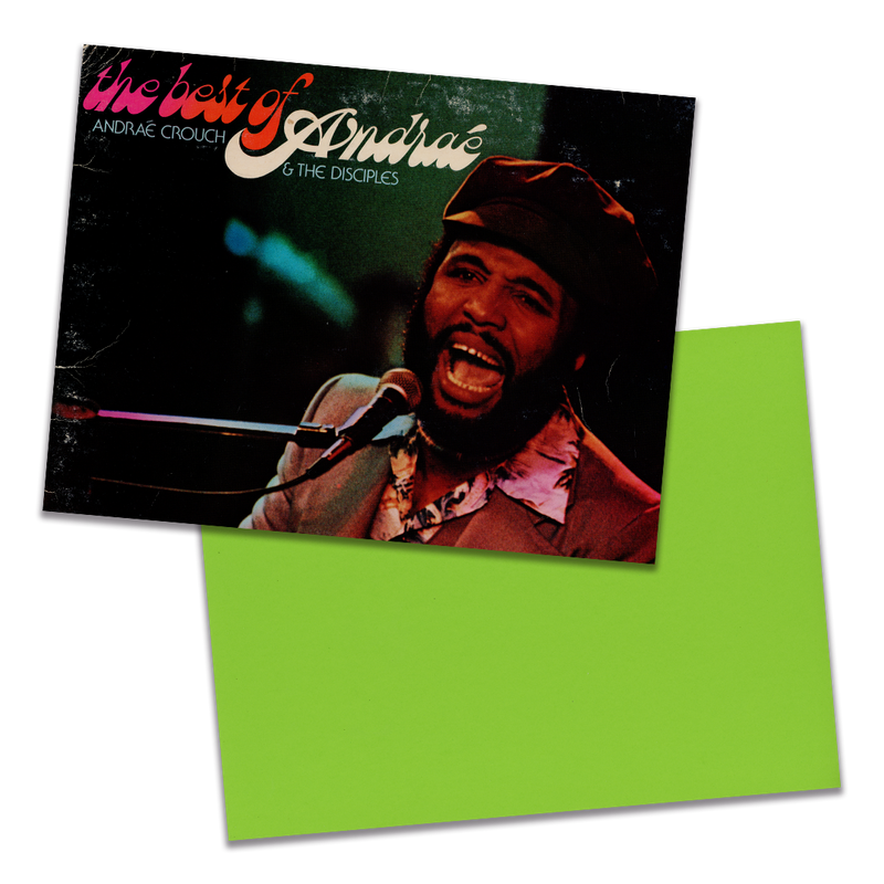 Photo of a 11” x 8.5” notebook cover made from an upcycled Andraé Crouch & The Disciples “The Best Of Andraé” album sleeve and the back cover with bright green cardstock on a transparent background.