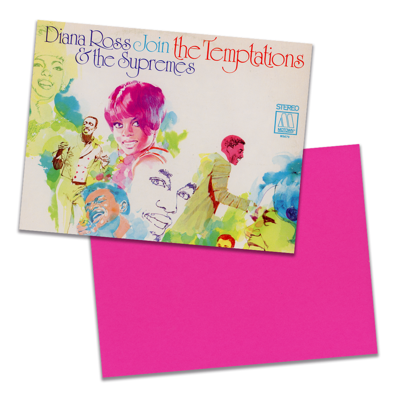 Photo of a 11” x 8.5” notebook cover made from an upcycled Diana Ross And The Supremes & The Temptations “Diana Ross & The Supremes Join The Temptations” album sleeve and the back cover with hot pink cardstock on a transparent background.