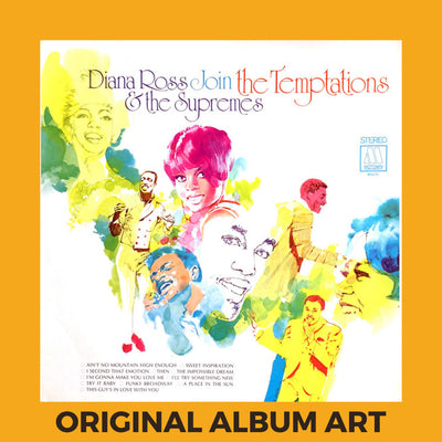 Photo of the cover of the Diana Ross And The Supremes & The Temptations “Diana Ross & The Supremes Join The Temptations” album sleeve with the text “Original Album Art” on an orange border around the photo.