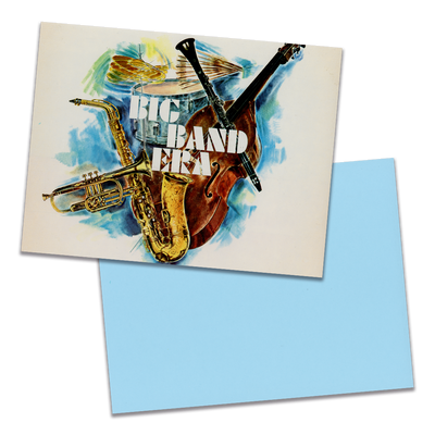 Photo of a 11” x 8.5” notebook cover made from an upcycled Various “Theme Songs Of The Big Band Era” album sleeve and the back cover with light blue cardstock on a transparent background.