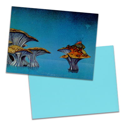 Photo of a 11” x 8.5” notebook cover made from an upcycled Yes “Yessongs” album sleeve and the back cover with bright blue cardstock on a transparent background.