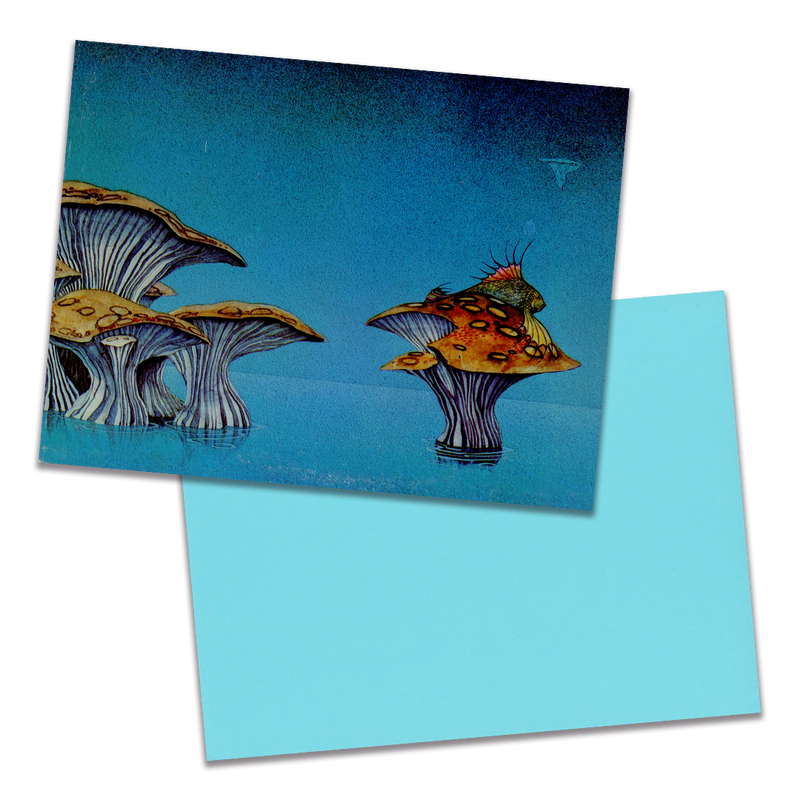 Photo of a 11” x 8.5” notebook cover made from an upcycled Yes “Yessongs” album sleeve and the back cover with bright blue cardstock on a transparent background.