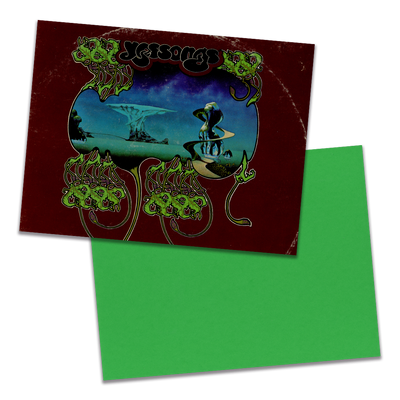 Photo of a 11” x 8.5” notebook cover made from an upcycled Yes “Yessongs” album sleeve and the back cover with green cardstock on a transparent background.