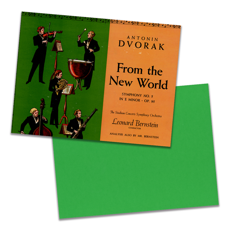 Photo of a 11” x 8.5” notebook cover made from an upcycled Antonin Dvorak : The Stadium Concerts Symphony Orchestra, Leonard Bernstein “Symphony No. 5 In E Minor, Op. 95 “From The New World”” album sleeve and the back cover with green cardstock on a transparent background.