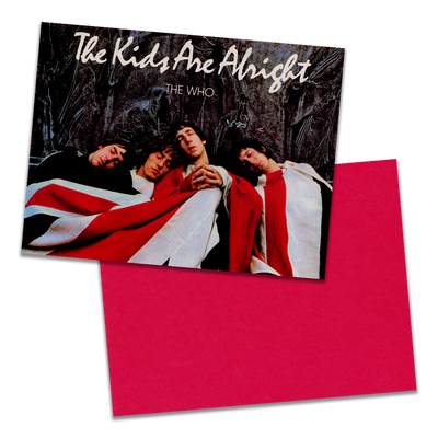 Photo of a 11” x 8.5” notebook cover made from an upcycled The Who “The Kids Are Alright” album sleeve and the back cover with red cardstock on a transparent background.