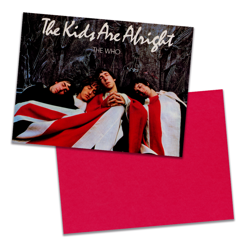 Photo of a 11” x 8.5” notebook cover made from an upcycled The Who “The Kids Are Alright” album sleeve and the back cover with red cardstock on a transparent background.