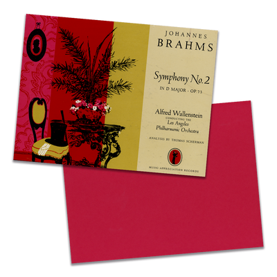 Photo of a 11” x 8.5” notebook cover made from an upcycled Johannes Brahms “Symphony No.2 In D Major - OP. 73” album sleeve and the back cover with red cardstock on a transparent background.