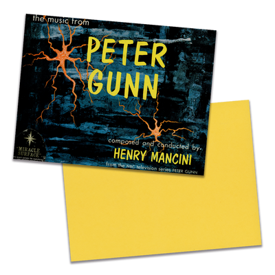 Photo of a 11” x 8.5” notebook cover made from an upcycled Henry Mancini “The Music From Peter Gunn” album sleeve and the back cover with yellow cardstock on a transparent background.