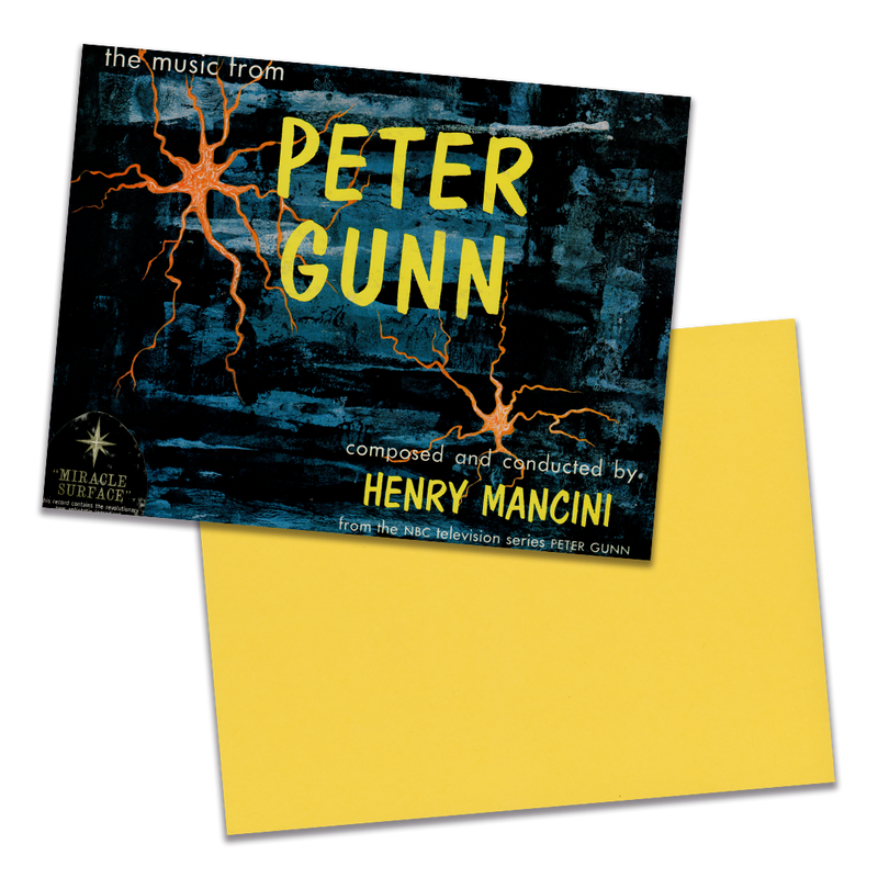 Photo of a 11” x 8.5” notebook cover made from an upcycled Henry Mancini “The Music From Peter Gunn” album sleeve and the back cover with yellow cardstock on a transparent background.