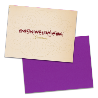 Photo of a 11” x 8.5” notebook cover made from an upcycled Earth, Wind & Fire “Gratitude” album sleeve and the back cover with purple cardstock on a transparent background.