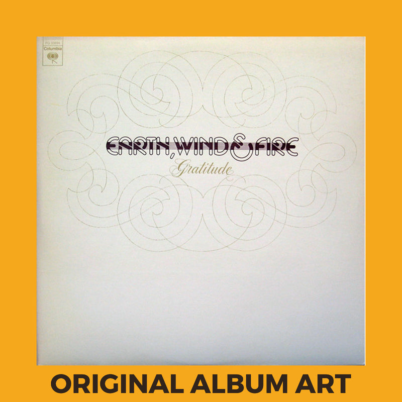 Photo of the cover of the Earth, Wind & Fire “Gratitude” album sleeve with the text “Original Album Art” on an orange border around the photo.