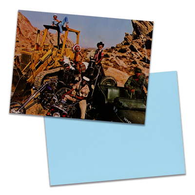 Photo of a 11” x 8.5” notebook cover made from an upcycled Village People “Cruisin’” album sleeve and the back cover with light blue cardstock on a transparent background.