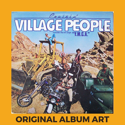 Photo of the cover of the Village People “Cruisin’” album sleeve with the text “Original Album Art” on an orange border around the photo.