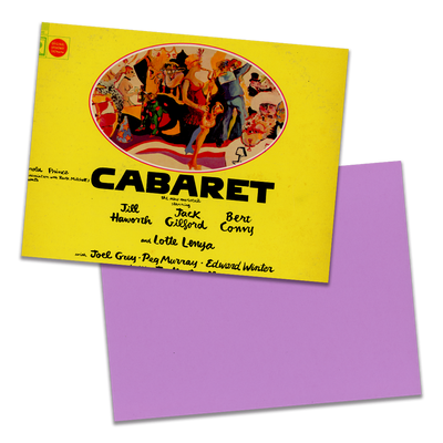 Photo of a 11” x 8.5” notebook cover made from an upcycled John Kander, Fred Ebb “Cabaret” album sleeve and the back cover with light purple cardstock on a transparent background.