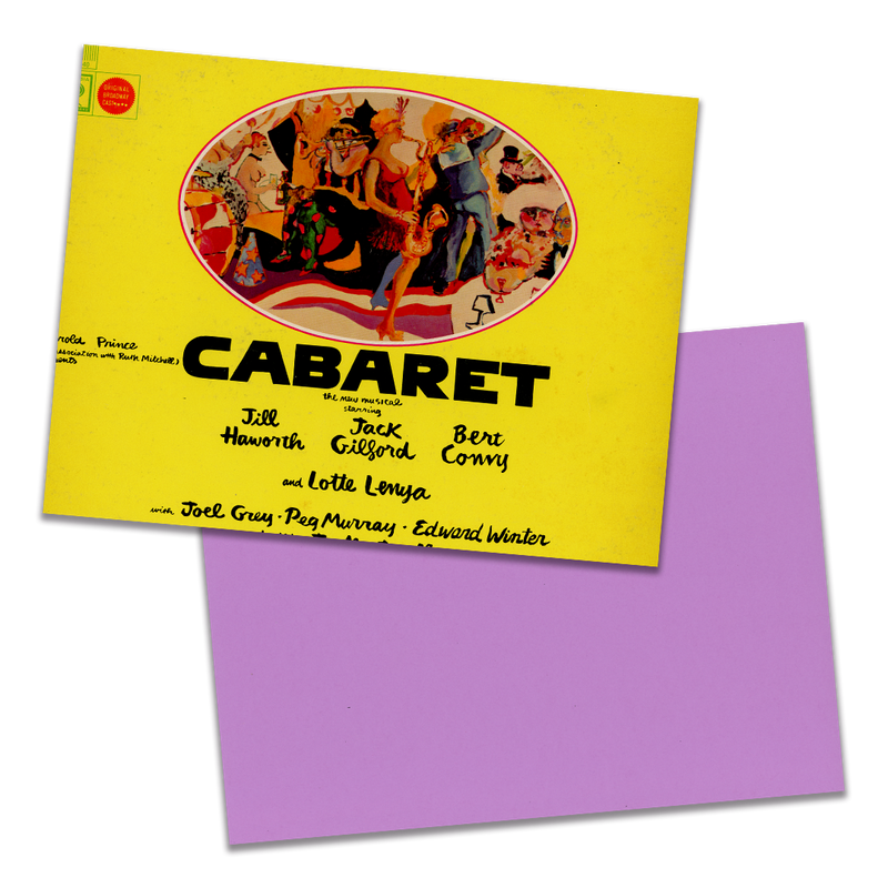 Photo of a 11” x 8.5” notebook cover made from an upcycled John Kander, Fred Ebb “Cabaret” album sleeve and the back cover with light purple cardstock on a transparent background.