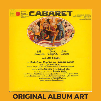 Photo of the cover of the John Kander, Fred Ebb “Cabaret” album sleeve with the text “Original Album Art” on an orange border around the photo.