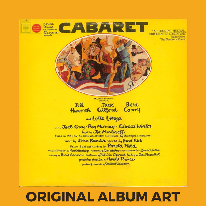 Photo of the cover of the John Kander, Fred Ebb “Cabaret” album sleeve with the text “Original Album Art” on an orange border around the photo.