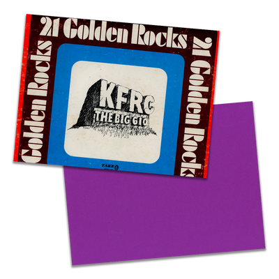 Photo of a 11” x 8.5” notebook cover made from an upcycled Various “KFRC- The Big 610- 21 Golden Rocks” album sleeve and the back cover with purple cardstock on a transparent background.