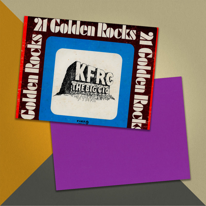 Photo of a 11” x 8.5” notebook cover made from an upcycled Various “KFRC- The Big 610- 21 Golden Rocks” album sleeve and the back cover with purple cardstock on an orange, cream and grey background.