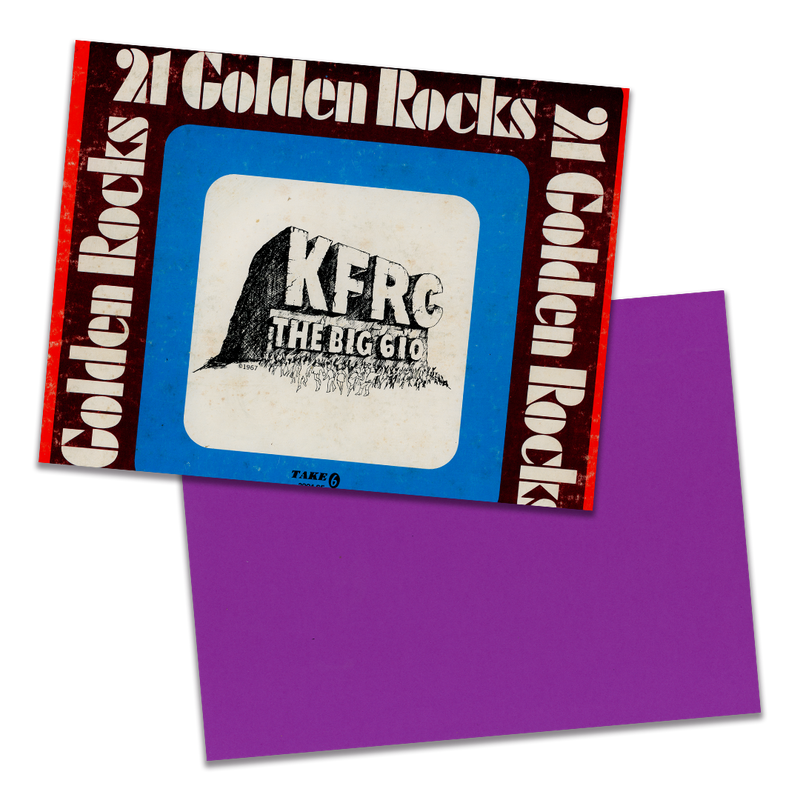 Photo of a 11” x 8.5” notebook cover made from an upcycled Various “KFRC- The Big 610- 21 Golden Rocks” album sleeve and the back cover with purple cardstock on a transparent background.