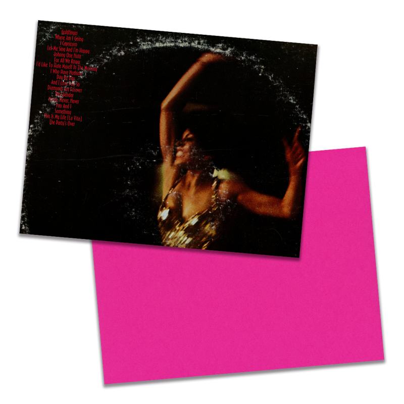 Photo of a 11” x 8.5” notebook cover made from an upcycled Shirley Bassey “Live At Carnegie Hall” album sleeve and the back cover with hot pink cardstock on a transparent background.