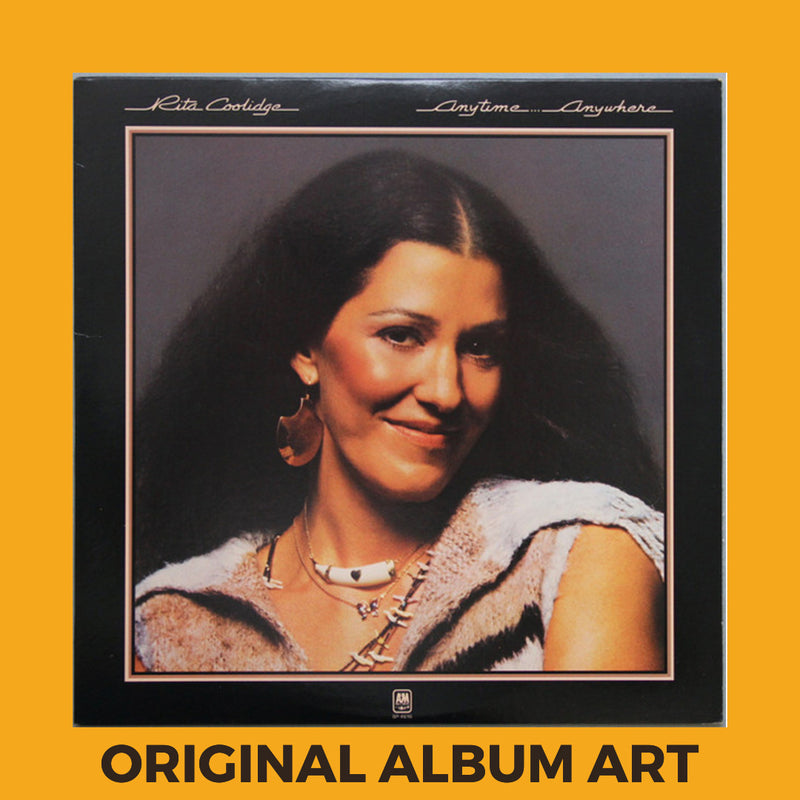 Photo of the cover of the Rita Coolidge “Anytime... Anywhere” album sleeve with the text “Original Album Art” on an orange border around the photo.