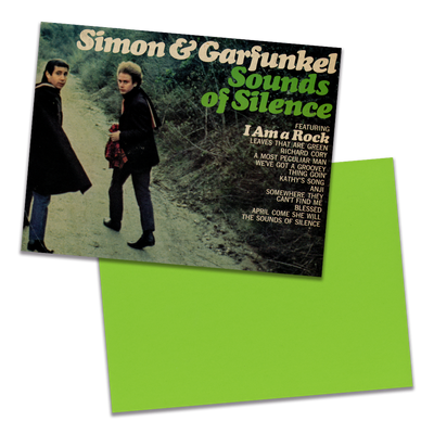 Photo of a 11” x 8.5” notebook cover made from an upcycled Simon & Garfunkel “Sounds of Silence” album sleeve and the back cover with lime green cardstock on a transparent background.