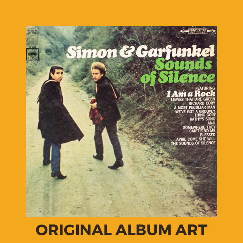 Photo of the cover of the Simon & Garfunkel “Sounds of Silence” album sleeve with the text “Original Album Art” on an orange border around the photo.