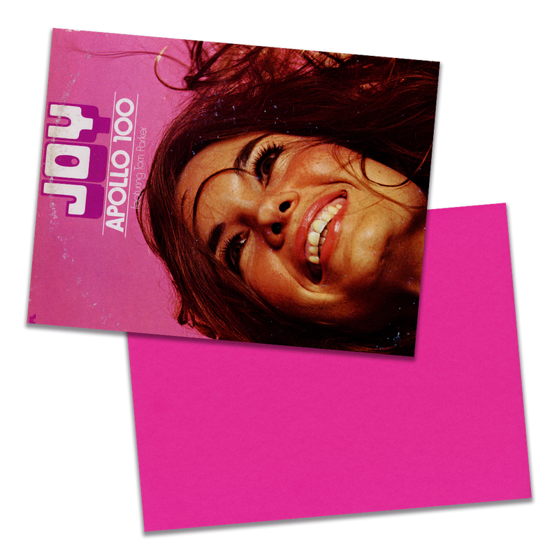 Photo of a 11” x 8.5” notebook cover made from an upcycled Apollo 100 “Joy” album sleeve and the back cover with hot pink cardstock on a transparent background.