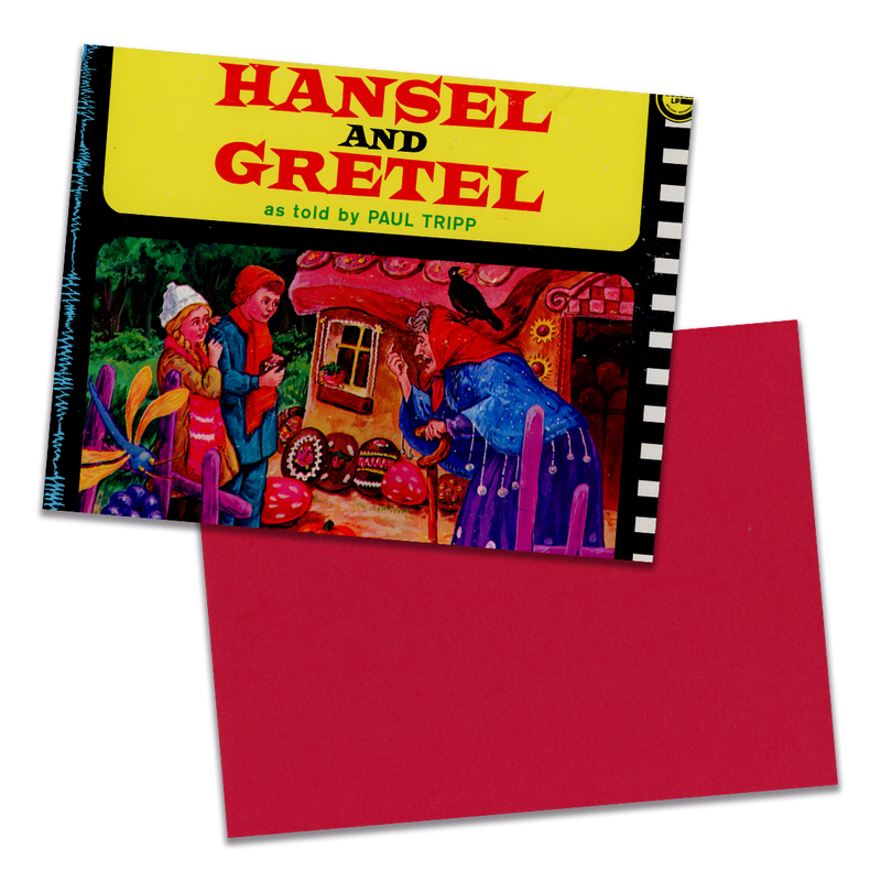 Photo of a 11” x 8.5” notebook cover made from an upcycled Paul Tripp “Hansel and Gretel” album sleeve and the back cover with red cardstock on a transparent background.