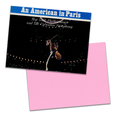 Photo of a 11” x 8.5” notebook cover made from an upcycled Gershwin, Leonard Bernstein “Rhapsody In Blue / An American In Paris” album sleeve and the back cover with pink cardstock on a transparent background.