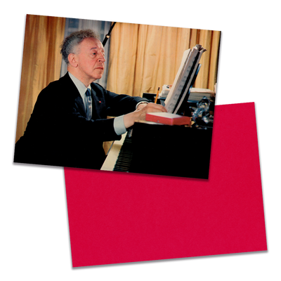 Photo of a 11” x 8.5” notebook cover made from an upcycled Beethoven, Rubinstein, Symphony Of The Air, Krips “Concerto No. 5 (Emperor)” album sleeve and the back cover with red cardstock on a transparent background.