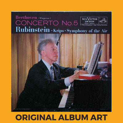 Photo of the cover of the Beethoven, Rubinstein, Symphony Of The Air, Krips “Concerto No. 5 (Emperor)” album sleeve with the text “Original Album Art” on an orange border around the photo.