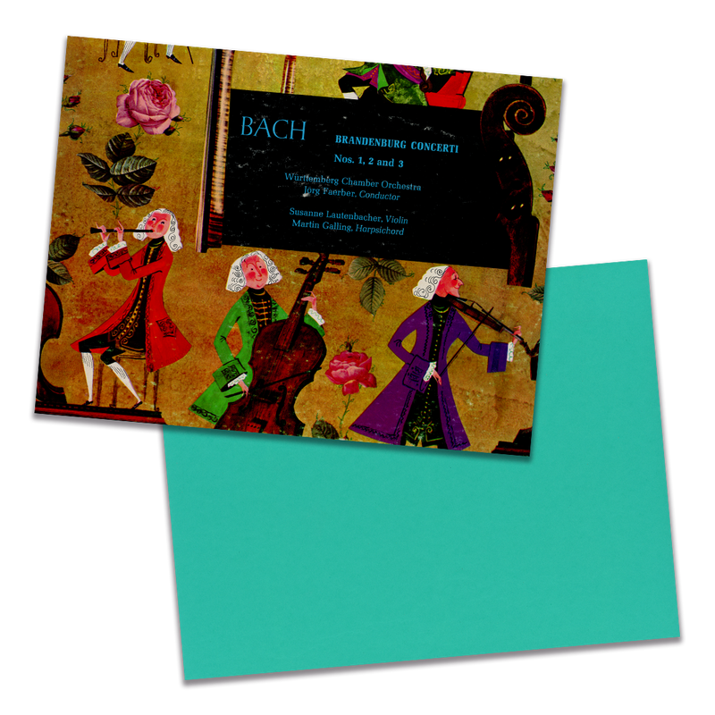 Photo of a 11” x 8.5” notebook cover made from an upcycled Bach, Württemberg Chamber Orchestra, Jörg Faerber, Susanne Lautenbacher, Martin Galling “Brandenburg Concerti №s. 1, 2 and 3” album sleeve and the back cover with aqua cardstock on a transparent background.